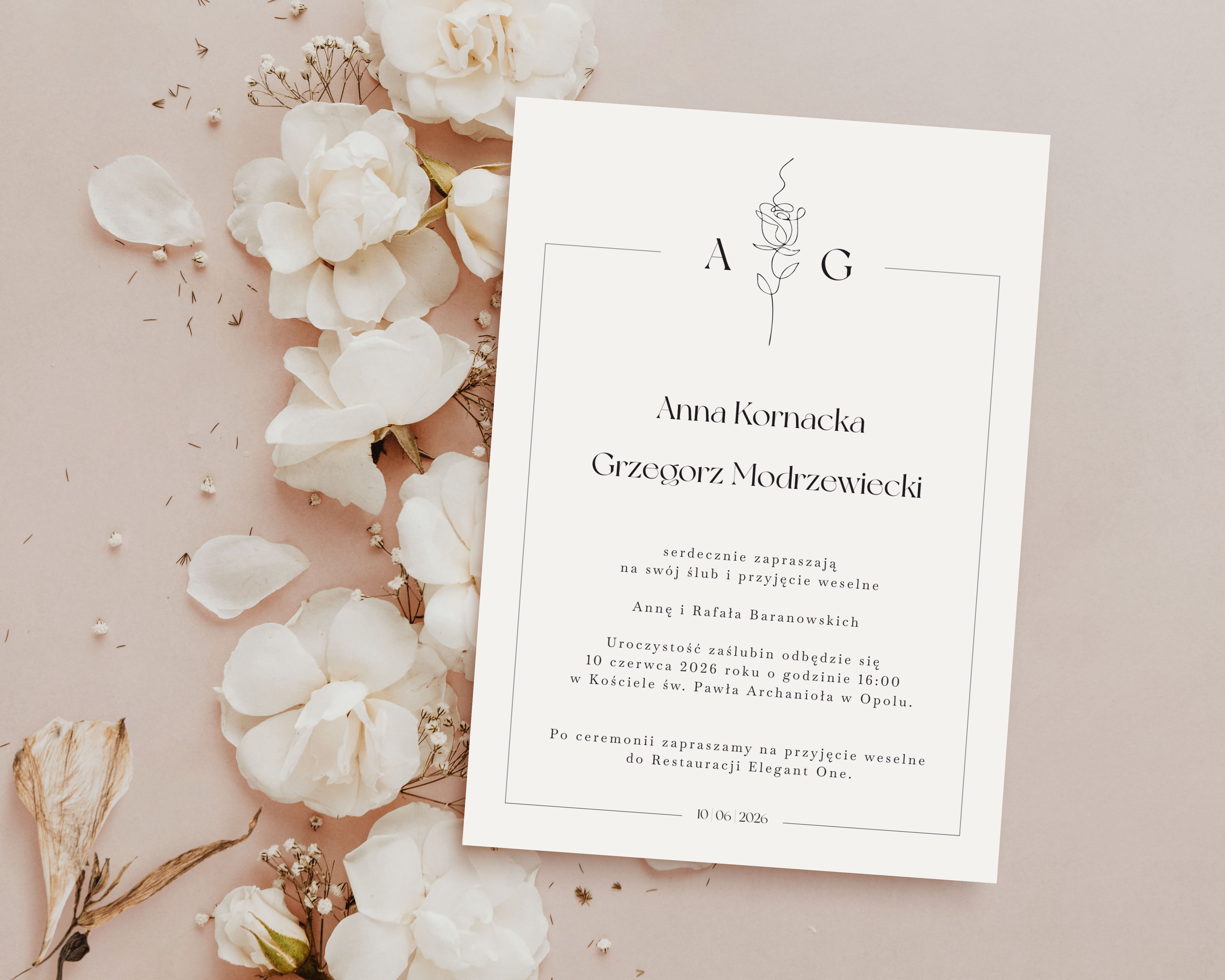 Subtelne zaproszenie na ślub Minimal Rose jednokartkowe