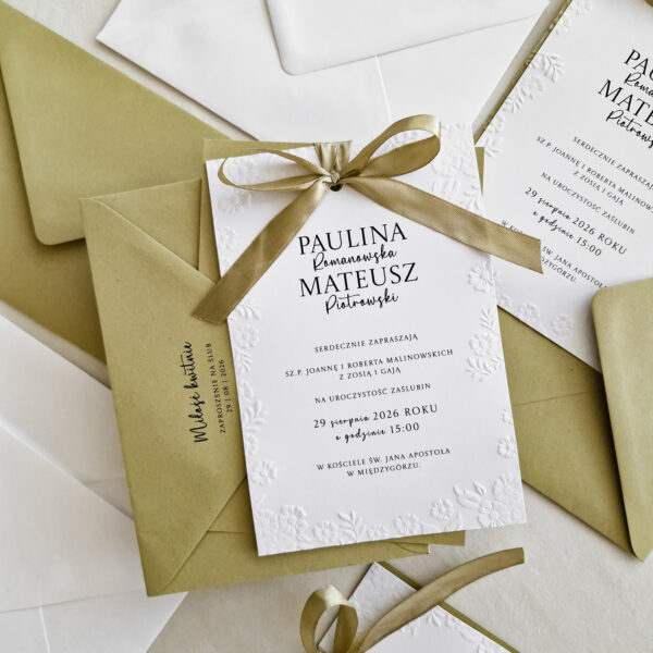 Zaproszenie ślubne Sofia no.2 z tłoczonymi kwiatami i kokardą